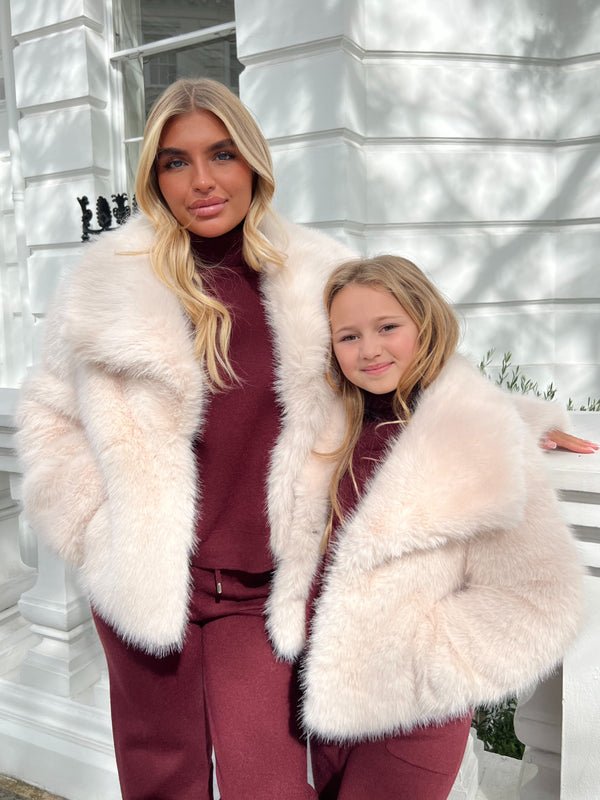 Beige Childrens Collared Faux Fur Coat