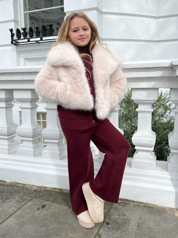 Beige Childrens Collared Faux Fur Coat