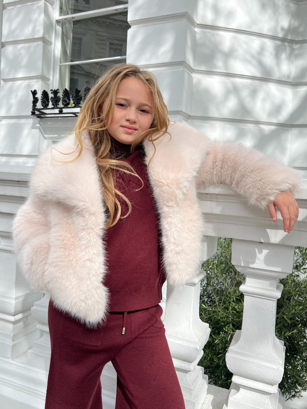 Beige Childrens Collared Faux Fur Coat