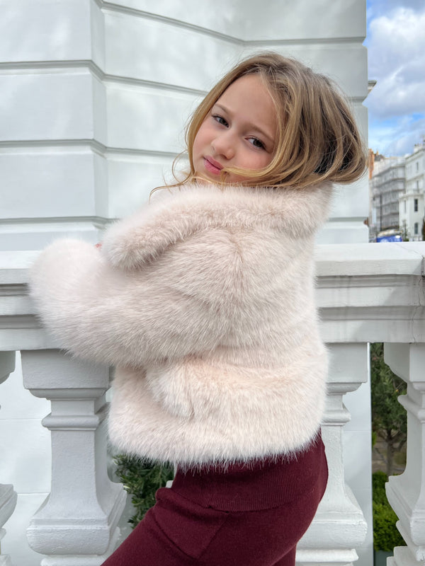 Beige Childrens Collared Faux Fur Coat