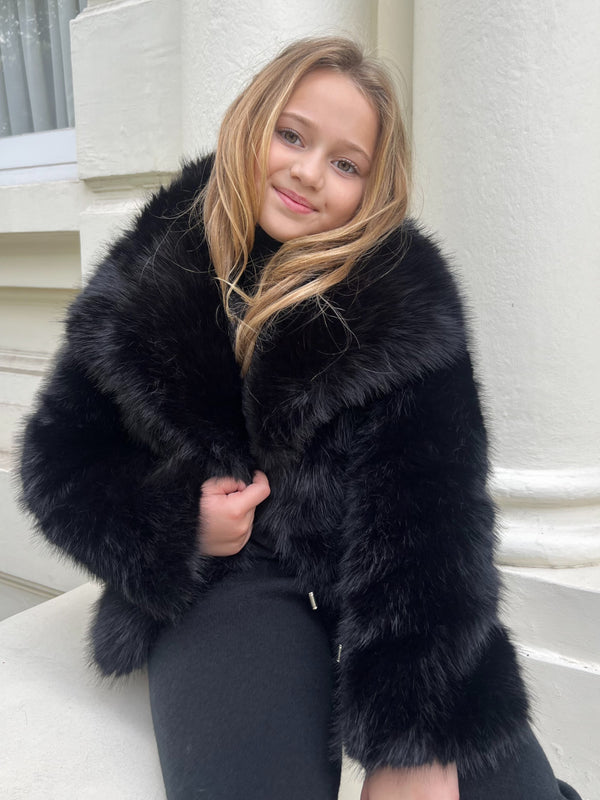 Black Childrens Collared Faux Fur Coat
