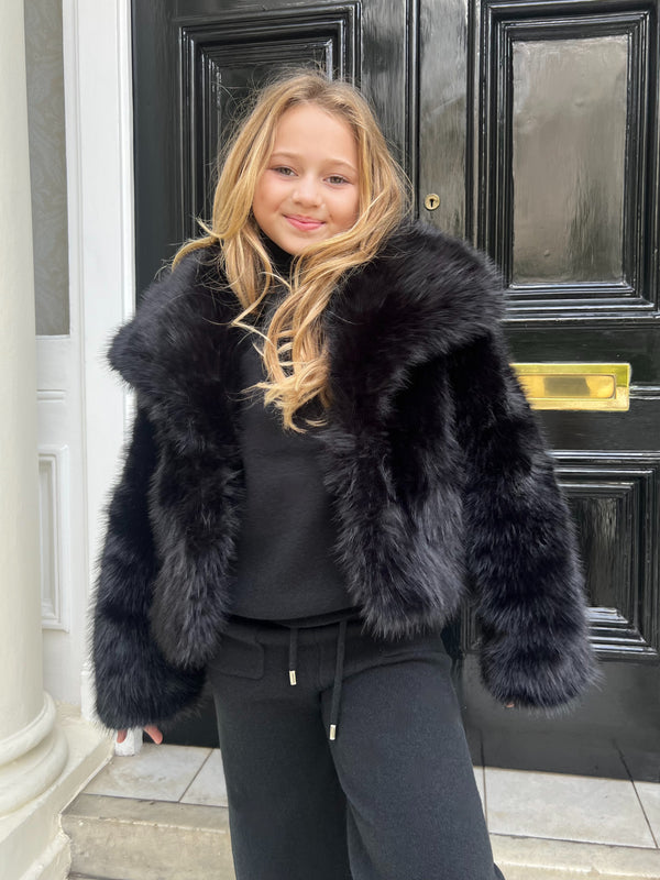 Black Childrens Collared Faux Fur Coat