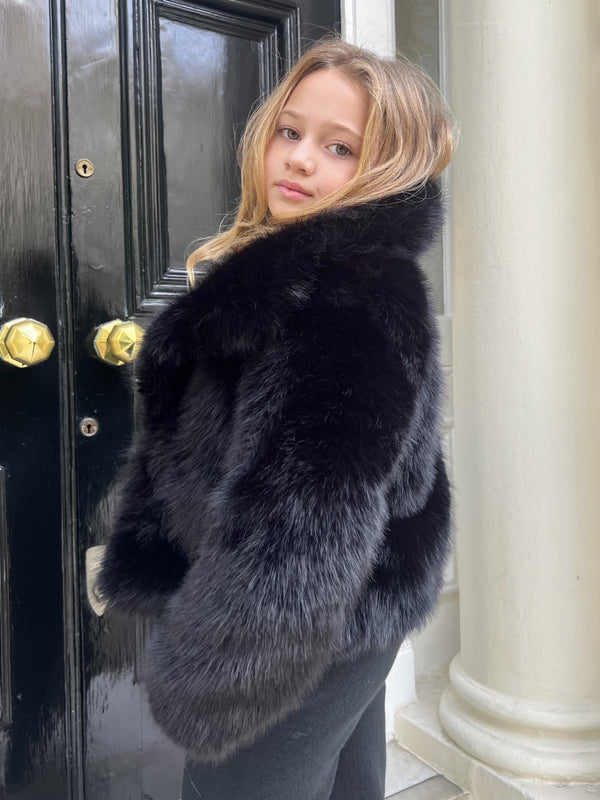 Black Childrens Collared Faux Fur Coat