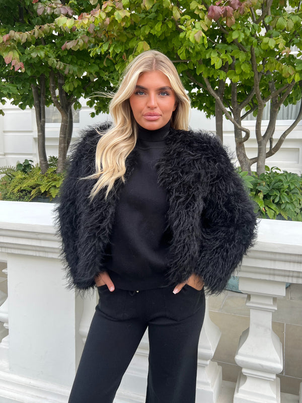 Black Faux Fur Mongolian Coat
