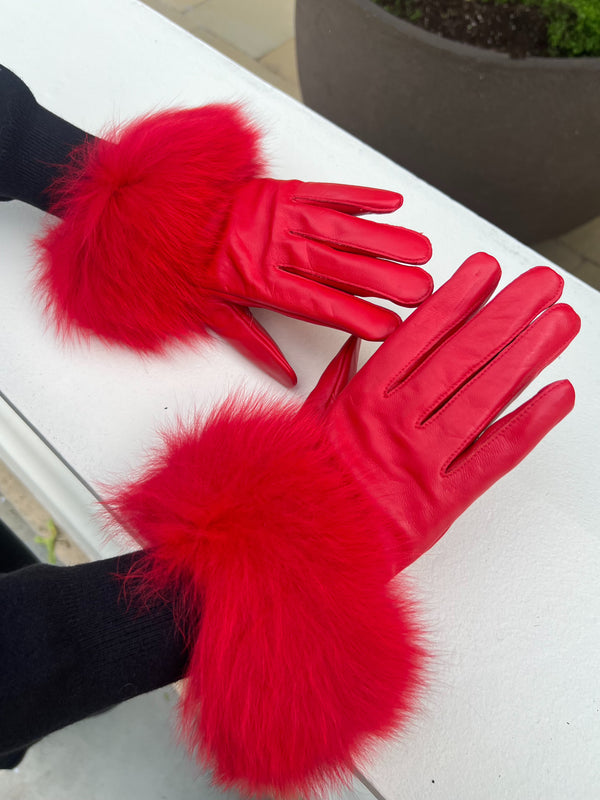 Red Luxury Fur Leather Gloves