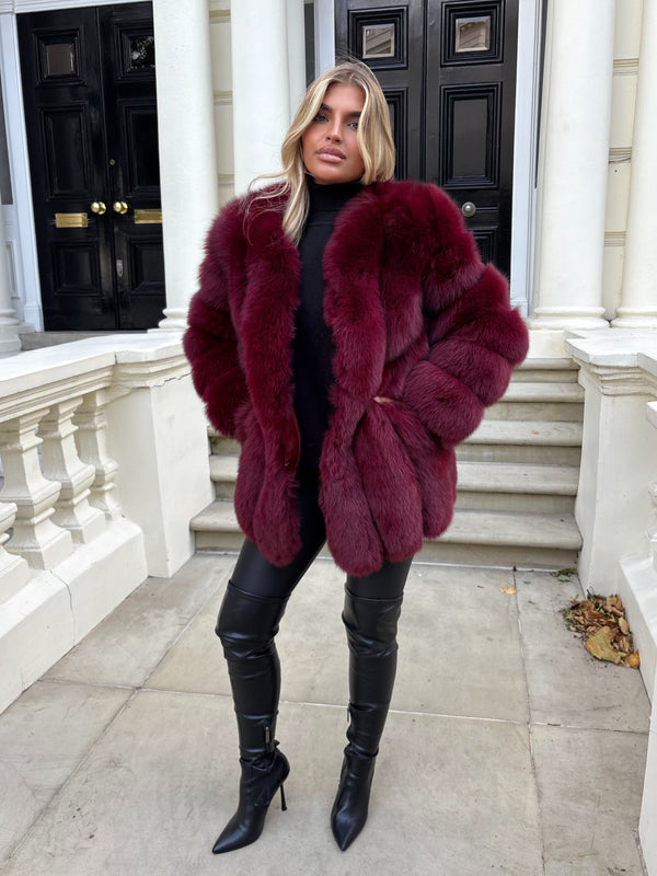 Burgundy Luxury Fur Mid Length Coat