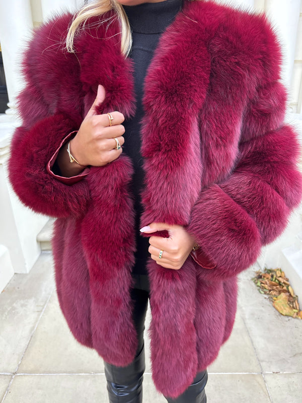 Burgundy Luxury Fur Mid Length Coat