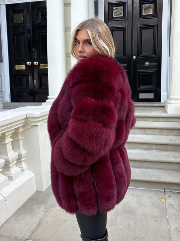 Burgundy Luxury Fur Mid Length Coat