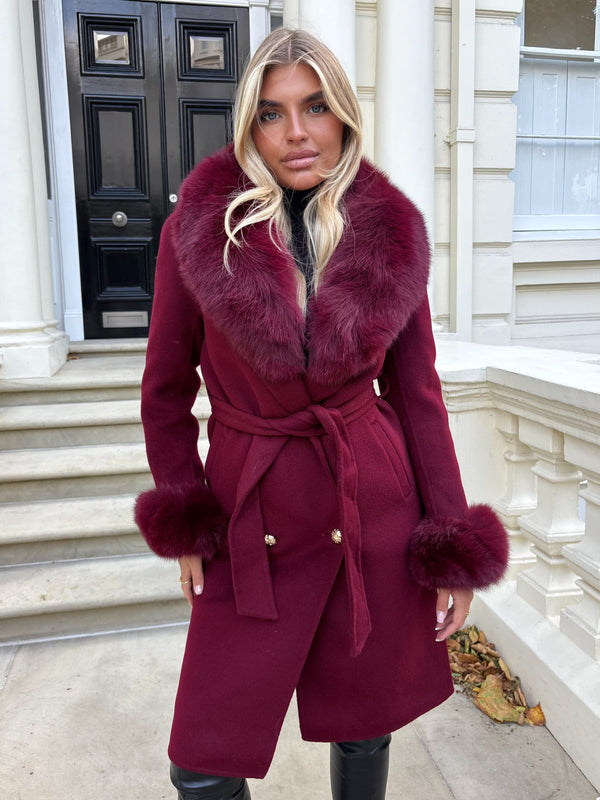 Burgundy Luxury Fur Cashmere Coat