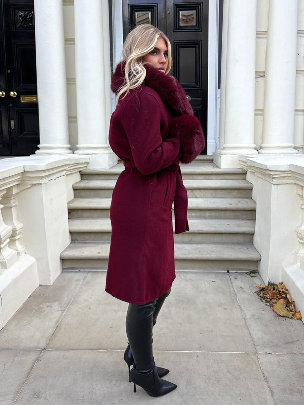 Burgundy Luxury Fur Cashmere Coat