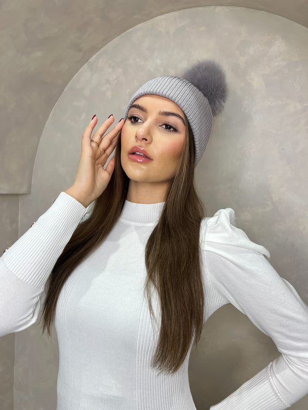 Grey/Grey Luxury Fur Bobble Hat
