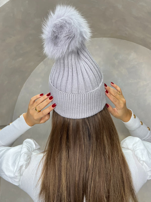 Grey/Grey Luxury Fur Bobble Hat