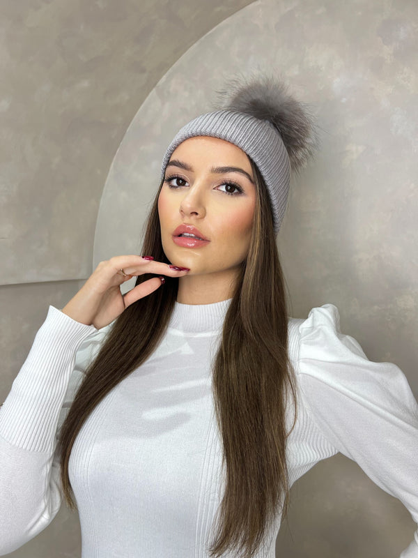 Grey/Two Tone Luxury Fur Bobble Hat