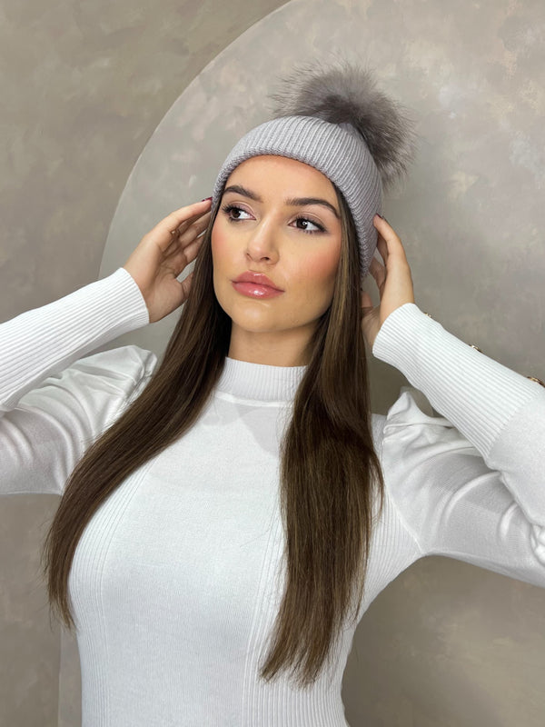 Grey/Two Tone Luxury Fur Bobble Hat