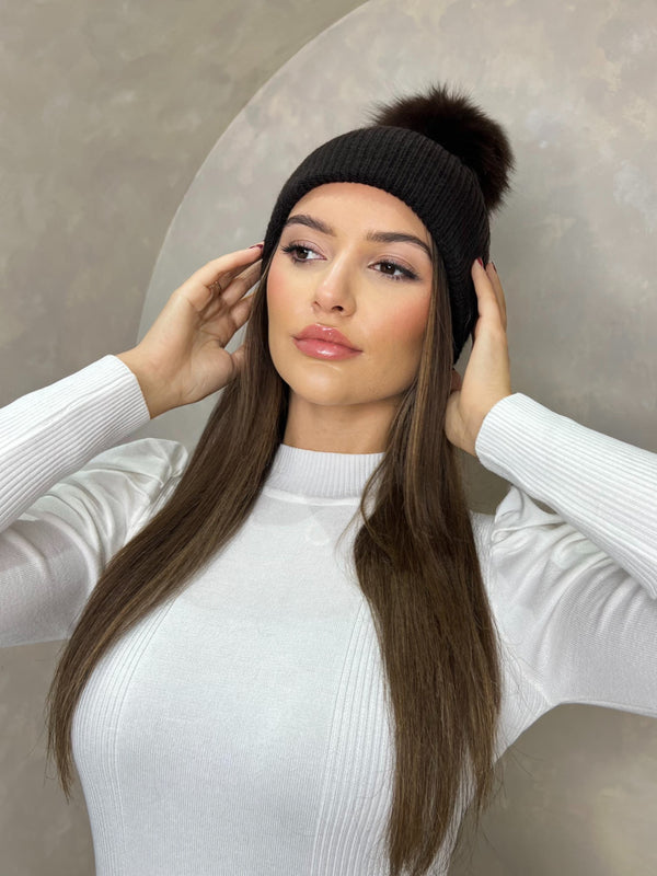 Chocolate Luxury Fur Bobble Hat
