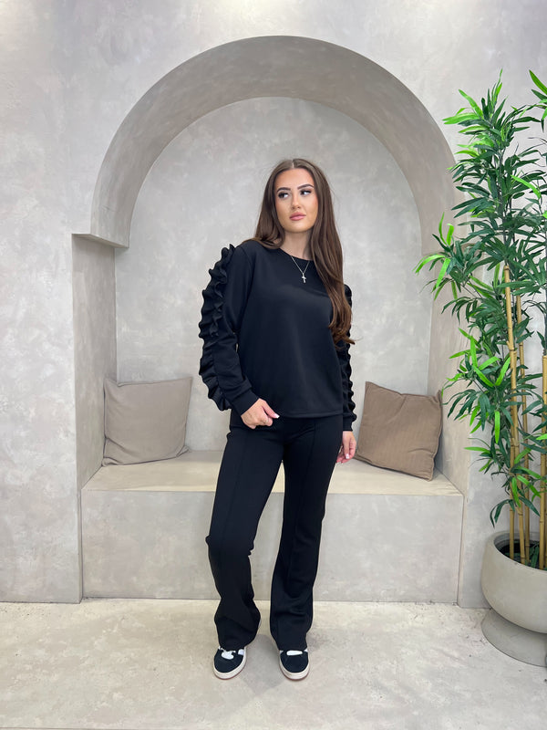Black Ruffle Sleeve Wide Leg Co Ord