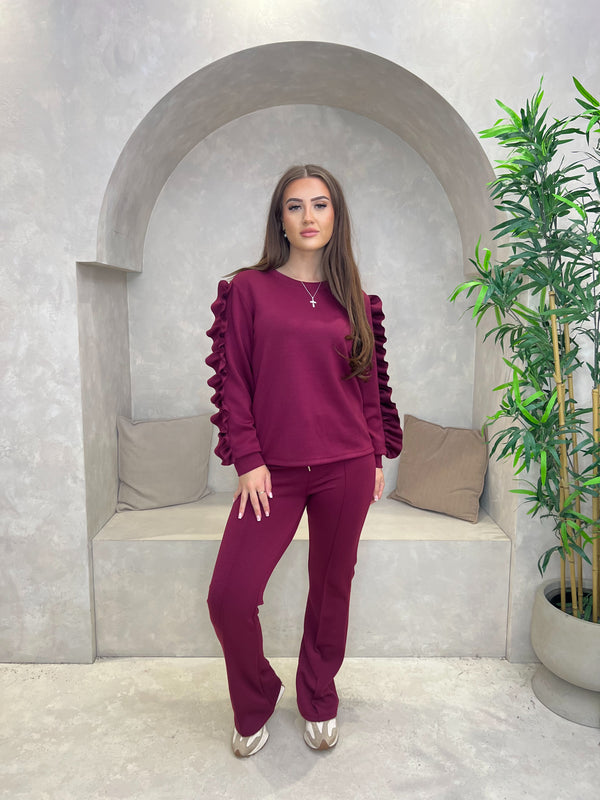 Burgundy Ruffle Sleeve Wide Leg Co Ord