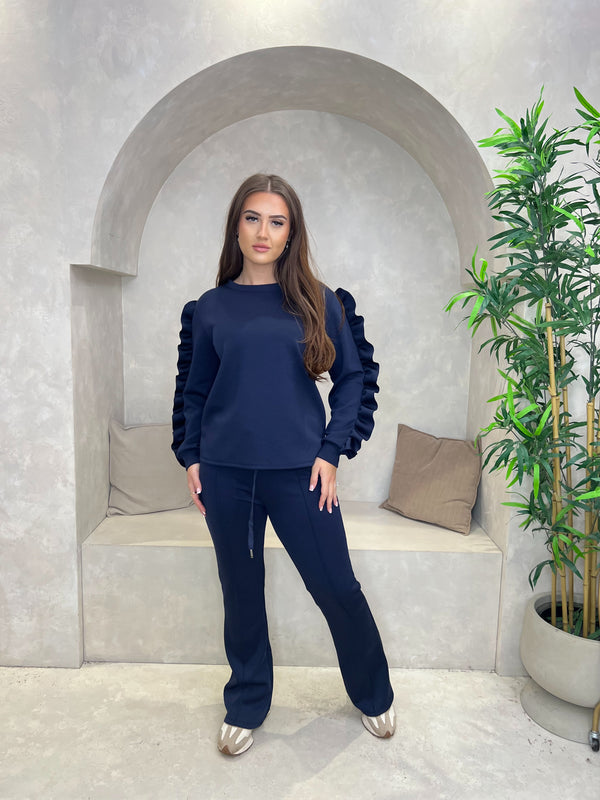 Navy Ruffle Sleeve Wide Leg Co Ord