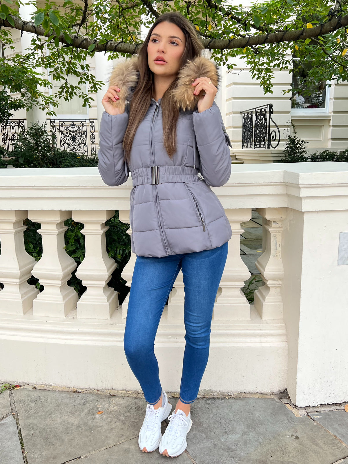 Grey Natural Fur Luxury Fur Padded Belted Coat