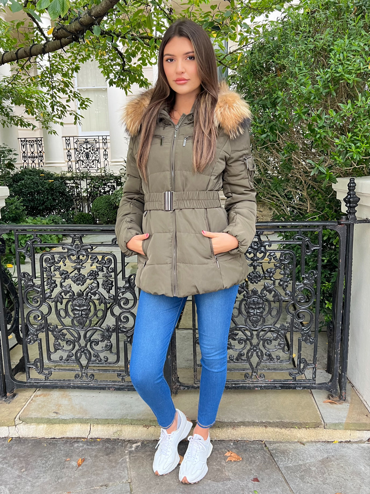 Khaki Natural Fur Luxury Fur Padded Belted Coat