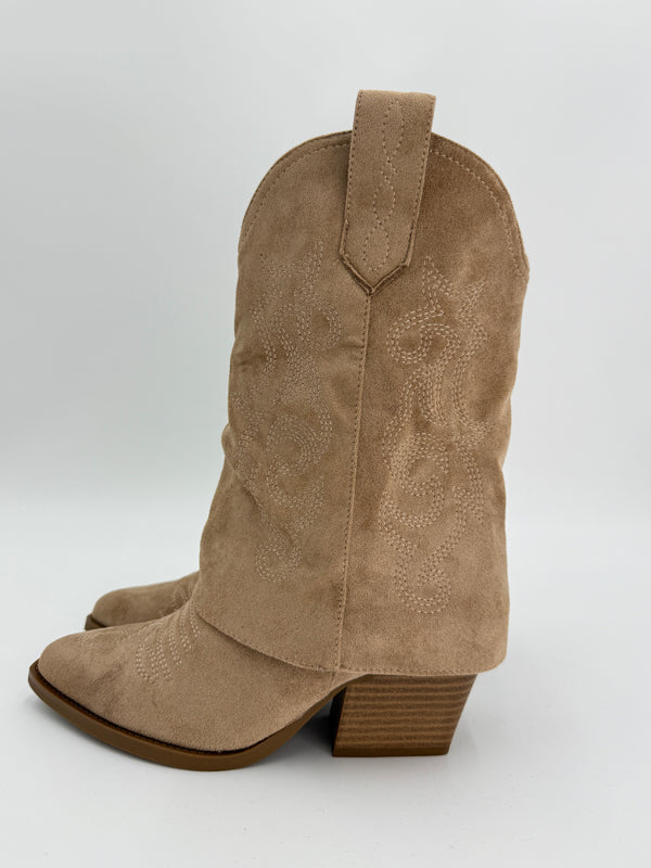 Dark beige shark fold over cowboy boot with decorative stitching on a white background