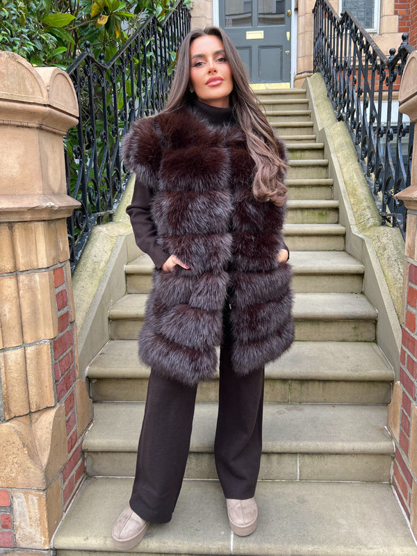Chocolate Roll Neck Premium Faux Fur Shoulder Wide Leg Tracksuit