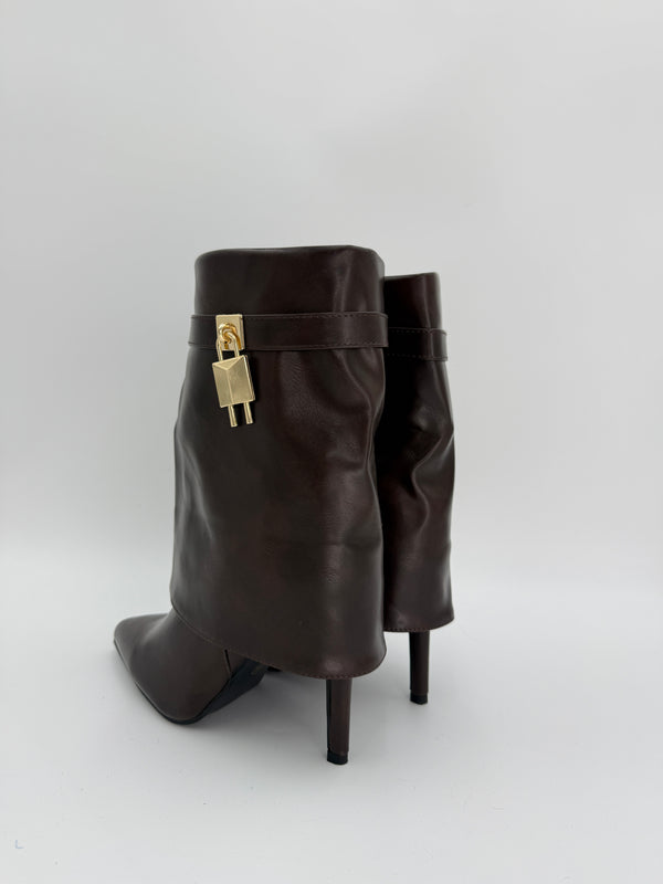Chocolate Brown Fold Over Faux Leather Lock Boots