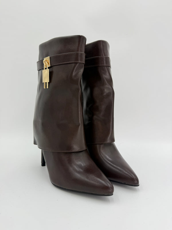 Chocolate Brown Fold Over Faux Leather Lock Boots