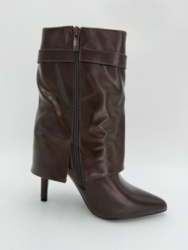 Chocolate Brown Fold Over Faux Leather Lock Boots