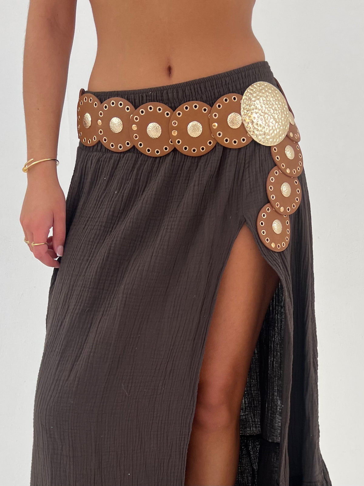 Camel Disc Belt With Hammered Gold Detail