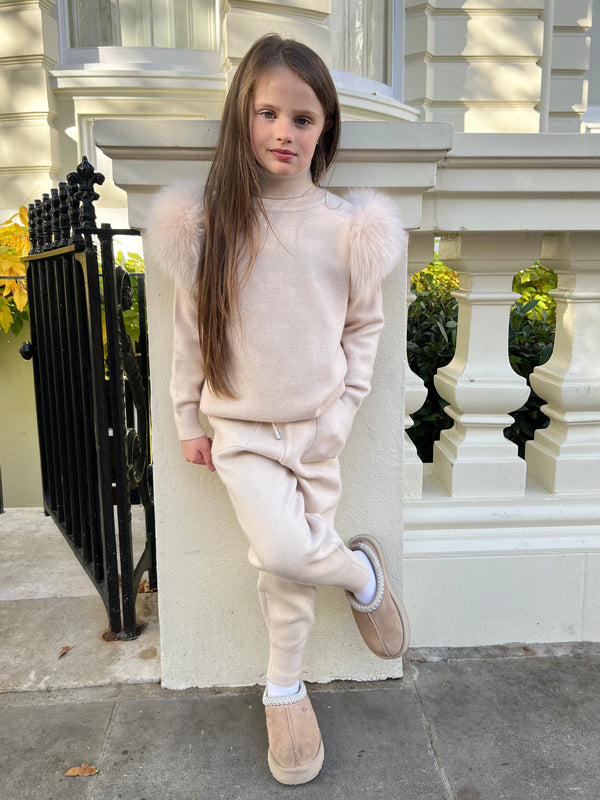 Childrens Light Beige Luxury Fur Roll Neck Jogger Tracksuit