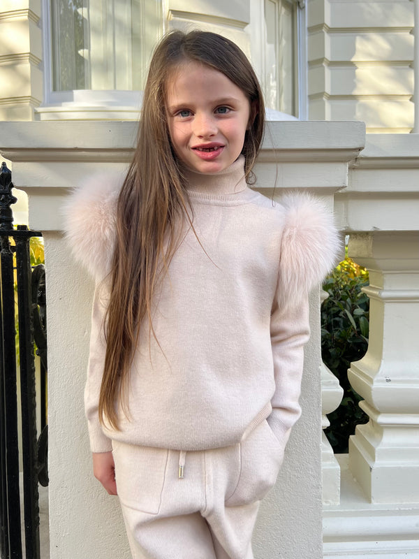 Childrens Light Beige Luxury Fur Roll Neck Jogger Tracksuit