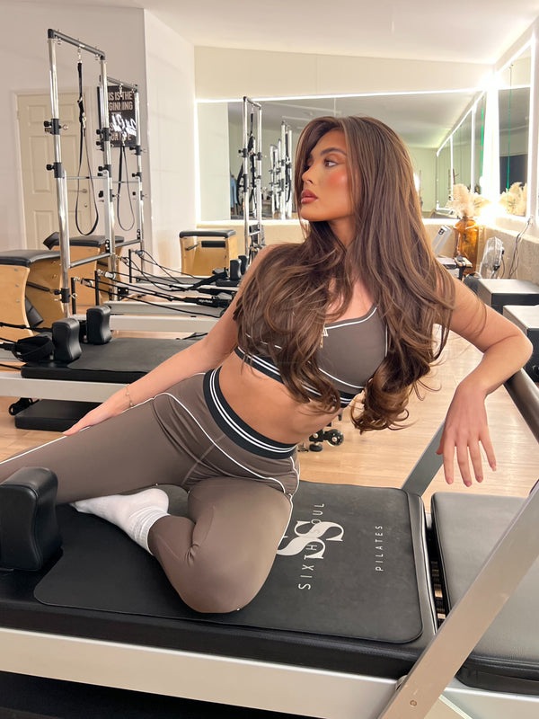 Chocolate Piped Detail Bra Top And Leggings Gym Set
