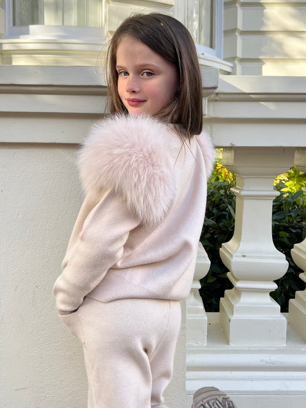 Childrens Light Beige Luxury Fur Roll Neck Jogger Tracksuit
