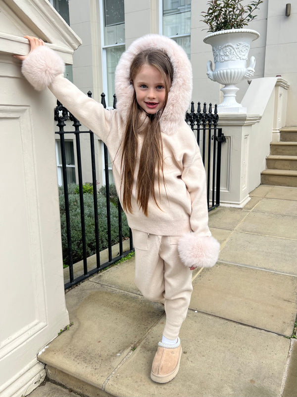 Childrens Light Beige Luxury Fur Trim Hood & Cuff Tracksuit
