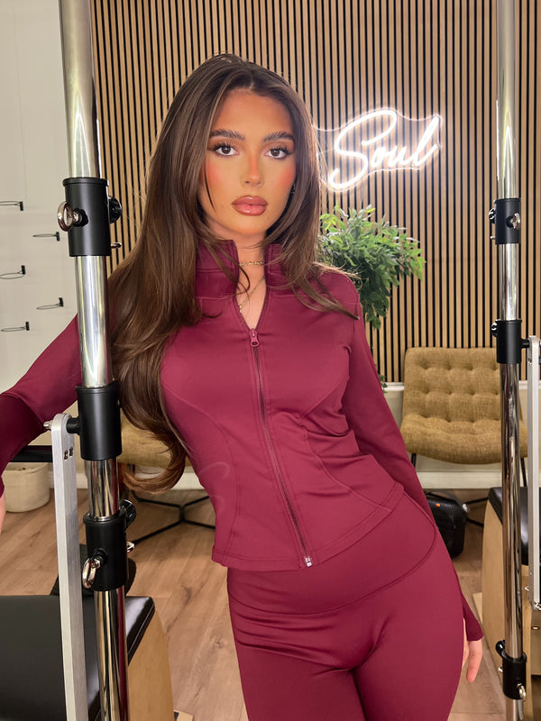 Burgundy Zip Jacket & Legging Gym Set