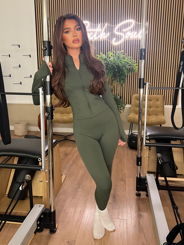 Khaki Zip Jacket & Legging Gym Set