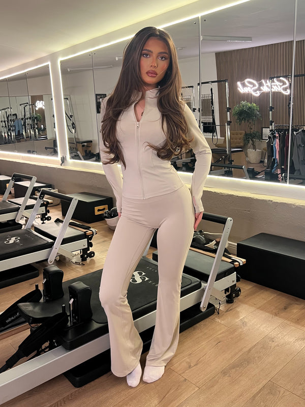 Beige Zip Jacket Wide Leg Trouser Gym Set gym co-ord set, detail studio shot