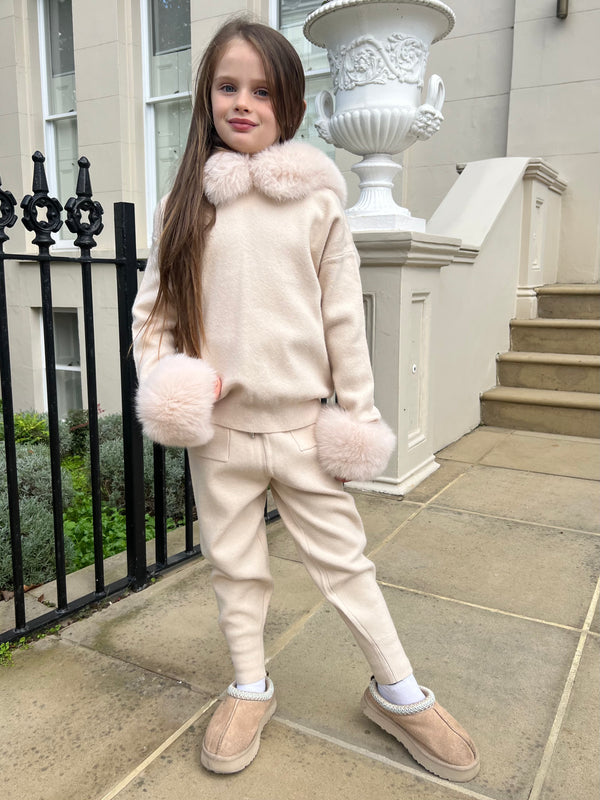 Childrens Light Beige Luxury Fur Trim Hood & Cuff Tracksuit