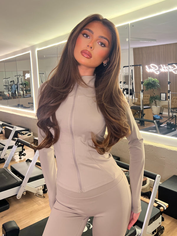 Taupe Zip Jacket Wide Leg Trouser Gym Set athleisure outfit, angled studio view