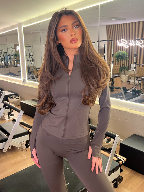 Chocolate Zip Jacket Wide Leg Trouser Gym Set athleisure outfit, angled studio view