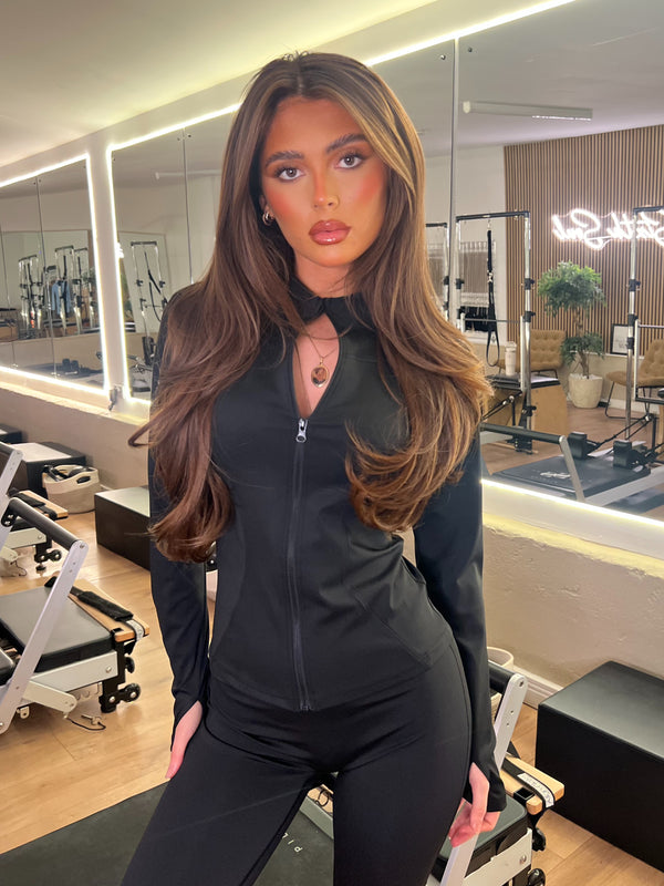 Black Zip Jacket Wide Leg Trouser Gym Set athleisure outfit, angled studio view
