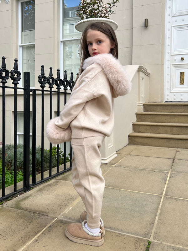 Childrens Light Beige Luxury Fur Trim Hood & Cuff Tracksuit