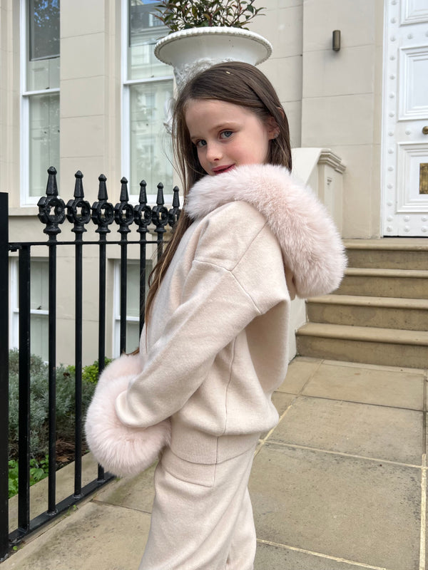 Childrens Light Beige Luxury Fur Trim Hood & Cuff Tracksuit