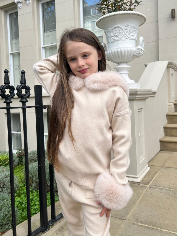Childrens Light Beige Luxury Fur Trim Hood & Cuff Tracksuit