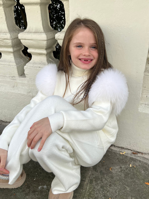Childrens Cream Luxury Fur Roll Neck Wide Leg Tracksuit