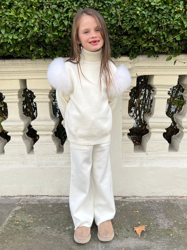 Childrens Cream Luxury Fur Roll Neck Wide Leg Tracksuit