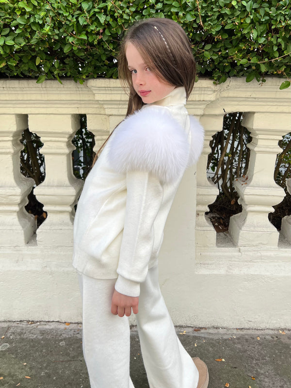 Childrens Cream Luxury Fur Roll Neck Wide Leg Tracksuit