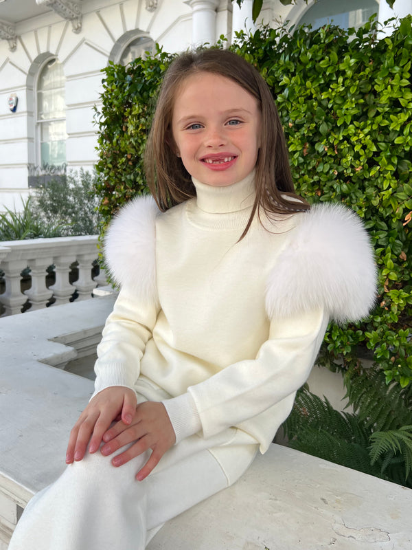 Childrens Cream Luxury Fur Roll Neck Wide Leg Tracksuit
