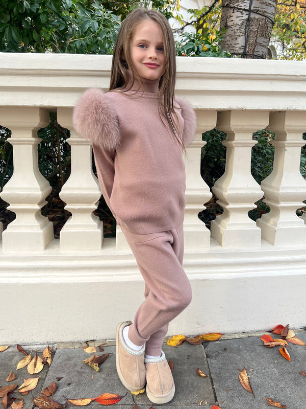 Childrens Taupe Luxury Fur Roll Neck Jogger Tracksuit